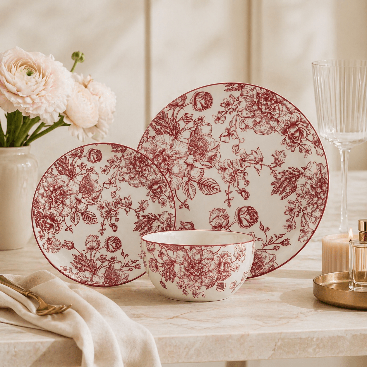 Ensemble Banbury Crimson – Service en porcelaine 12 pièces - Marfinio